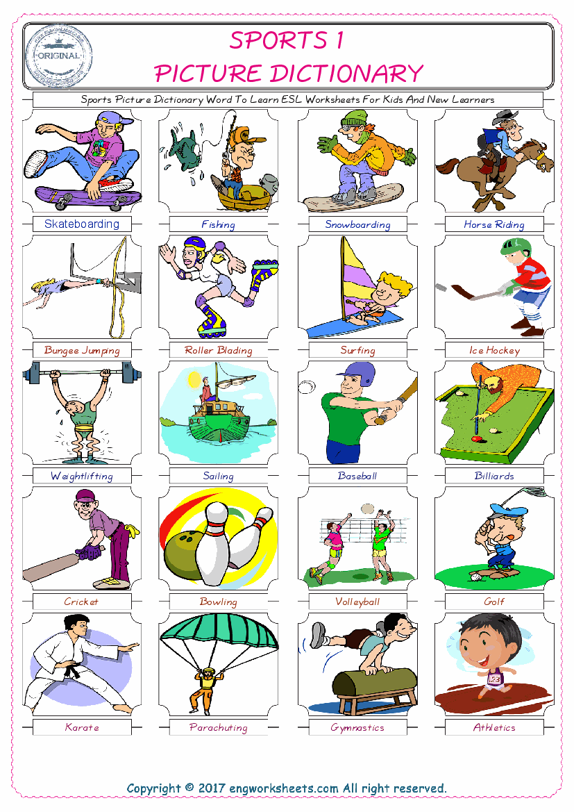  Sports English Worksheet for Kids ESL Printable Picture Dictionary 